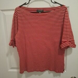 LAUREN RALPH LAUREN XL Red White Striped Boat Neck Half Sleeve Nautical T-Shirt